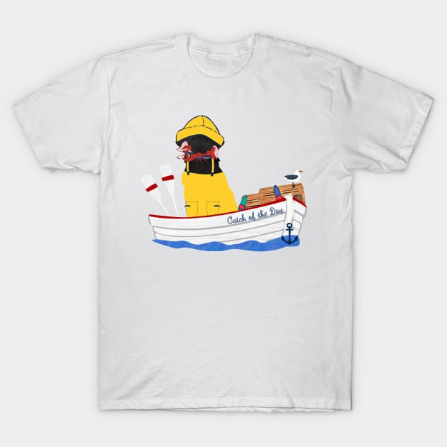 Preppy Black Lab Lobsterman Aboard The Catch of the Day T-Shirt by emrdesigns